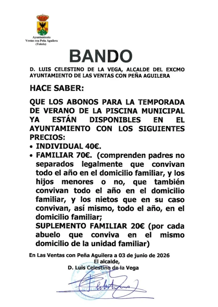 Venta de abonos de baño. Pisicina Municipal
